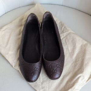Gucci Dark Brown Embossed GG Leather Ballet Flats Sz 36.5